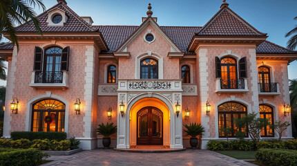 Fototapeta premium A large, two-story pink mansion with symmetrical design, arched windows and entryway, multiple exterior lights, and landscaping. The style is reminiscent of Mediterranean or European architecture.