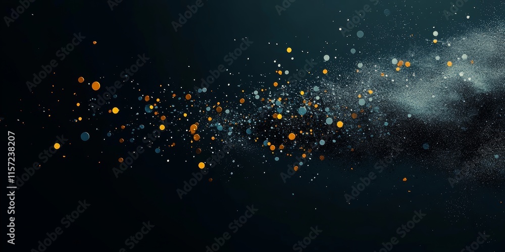 Poster colorful particles disperse in a dark background creating an abstract art effect with a sense of mov