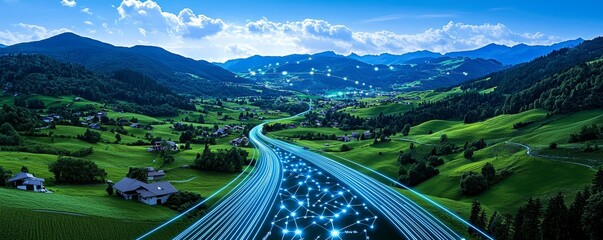 Fiber optic installation. Vibrant landscape with a digital highway through mountains.