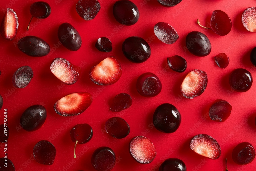 Aufkleber A dynamic arrangement of cherries and plums scattered across a vibrant red surface, displaying both whole and halved fruits in a visually striking pattern.