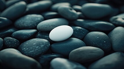 A natural arrangement of sea pebbles with a single white stone standing out among darker tones.
