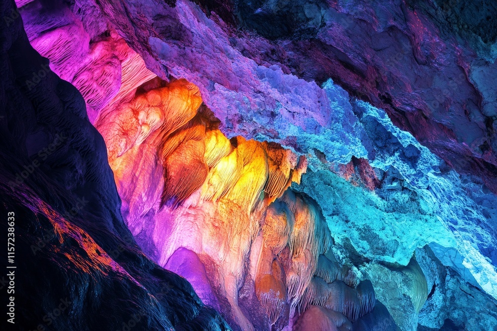 Poster An enchanting cave interior brightly illuminated with a spectrum of colors from artificial lighting, creating a vibrant and otherworldly visual experience in nature.