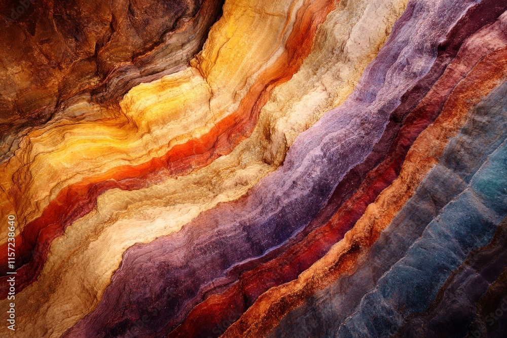 Poster a stunning display of mineral layers and rock formations in a cave, highlighted by dramatic lighting