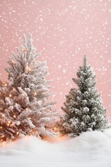 Fototapeta premium Snow-covered Christmas Trees Illuminated With Lights Against a Soft Pink Background Create a Festive Atmosphere During the Holiday Season