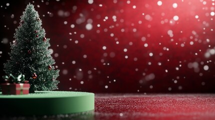 Empty green podium with dark red background, Christmas tree, and delicate snowflake