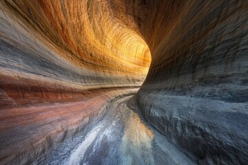 Obraz premium A breathtaking tunnel-like rock formation bathed in golden light provides a serene and ethereal experience, creating a captivating path that draws viewers inward.