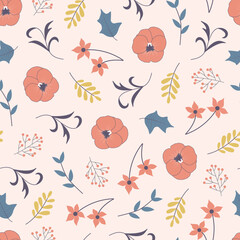 Floral seamless pattern of poppy flowers, leaves and berries