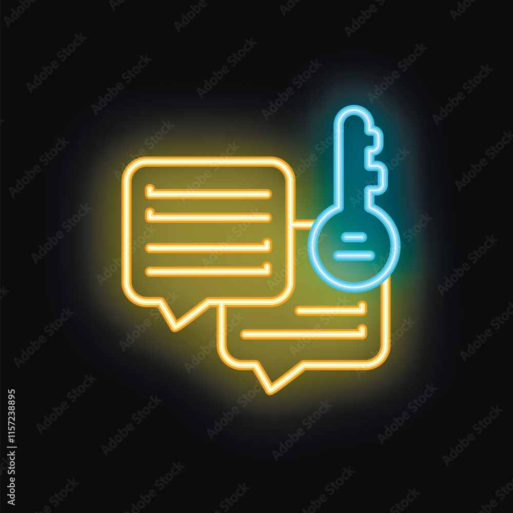 Poster blue neon key unlocking yellow chat bubbles representing finding solutions through communication