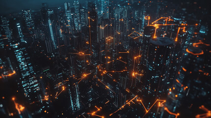 Fototapeta premium Smart digital Innovation city with connection network reciprocity over the cityscape. of future smart wireless digital city and social media networking systems that connects people with in city