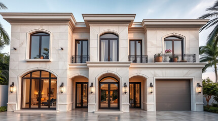 Obraz premium A three-story, off-white stucco house with arched windows and doors. It features a two-car garage, balconies on the second floor, and outdoor lighting. The style is Mediterranean Revival.