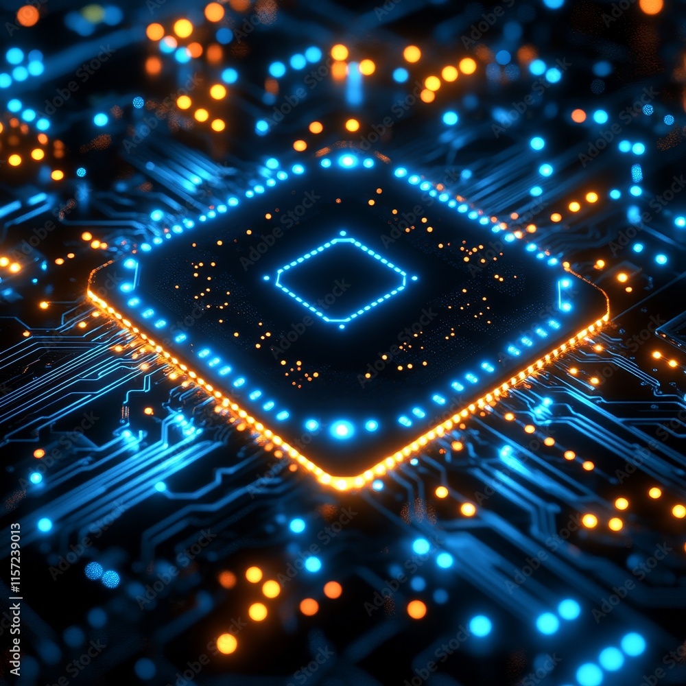 Poster high-tech microprocessor with glowing circuits in a digital environment showing innovation in techno