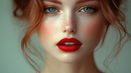 Fototapeta premium Beautiful young woman with striking features and vibrant red lips posing for a close-up portrait in soft lighting