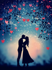 Romantic couple silhouette enchanted forest digital art evening glow close-up love and connection