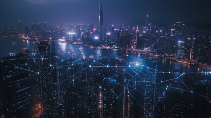 Smart digital Innovation city with connection network reciprocity over the cityscape. of future smart wireless digital city and social media networking systems that connects people with in city