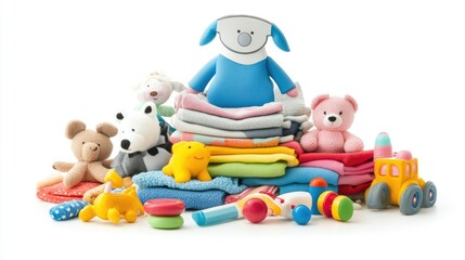 Naklejka premium A pile of children's clothes and an electric iron surrounded by playful toys, isolated on a white background.