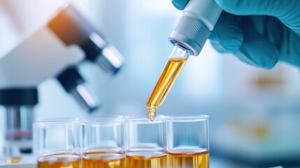 Scientist using a dropper to add a liquid sample to test tubes in a laboratory setting focused on experiments and research
