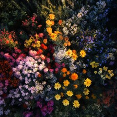 Obraz premium Colorful Wildflower Garden in Vibrant Bloom During Golden Hour Showcasing a Mix of Yellow, Pink, and Purple Blossoms Among Lush Green Foliage