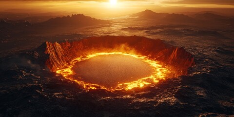 Hyperrealistic Alien Crater with Glowing Lava Lake and Sunset