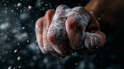 Fist clenching with chalk dust against black background