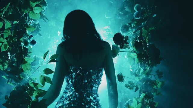 dark ghost shadow silhouette fantasy woman dancing in night club spring nature black garden fog portal arch flowers neon blue magic light. lady dancer Gothic Girl elf princess in smoke back rear view
