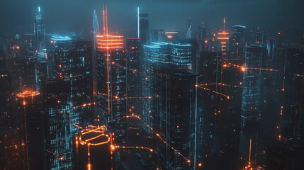 Obraz premium Smart digital Innovation city with connection network reciprocity over the cityscape. of future smart wireless digital city and social media networking systems that connects people with in city