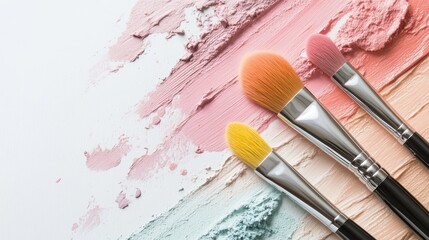 Creative Arrangement of Makeup Brushes With Colorful Cosmetic Creams in Pastel Shades on a Clean Surface