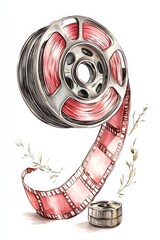 Naklejka premium Red film strip in an S-shape, watercolor clipart on a white background