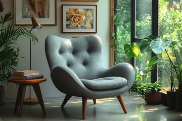 Mid-century modern chair with dark gray fabric and wooden legs, cozy atmosphere with natural light, side table, and framed art on white walls.