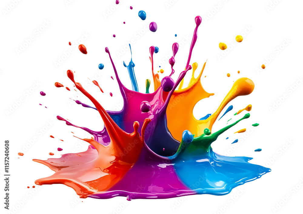 Poster vibrant and dynamic paint splatter dropping isolated on a png transparent background. bold primary a