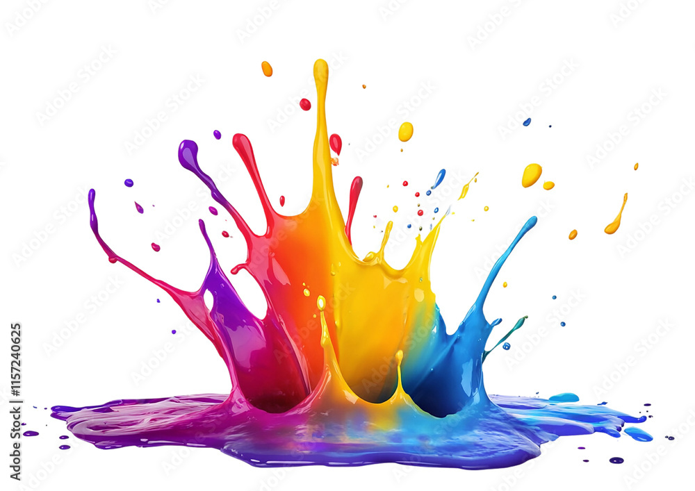Poster vibrant and dynamic paint splatter dropping isolated on a png transparent background. bold primary a