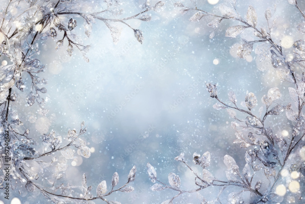 Poster beautiful snow-covered branches with delicate frost creating a serene winter backdrop in a snowy lan