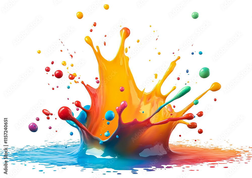 Poster vibrant and dynamic paint splatter dropping isolated on a png transparent background. bold primary a