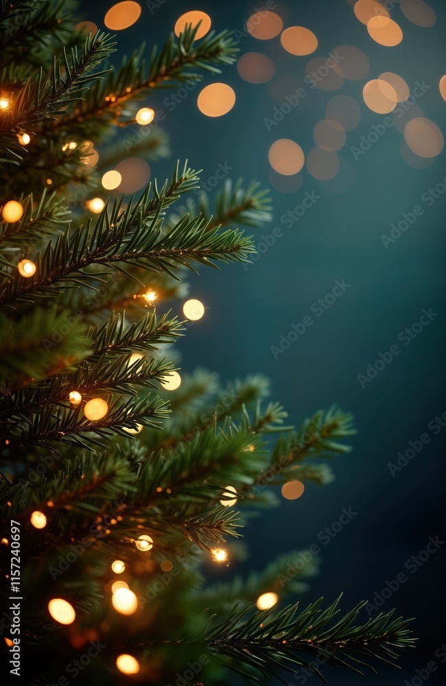 Poster christmas tree branches with warm golden lights create festive ambiance. bokeh effect adds depth, hi