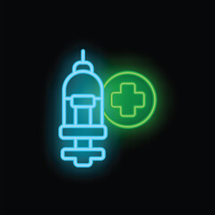 Obraz premium Neon medical syringe glowing with green cross sign on black brick wall