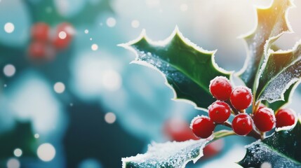 Close-up view of holly leaves with red berries against a winter background showcasing soft bokeh effects and gentle snowfall