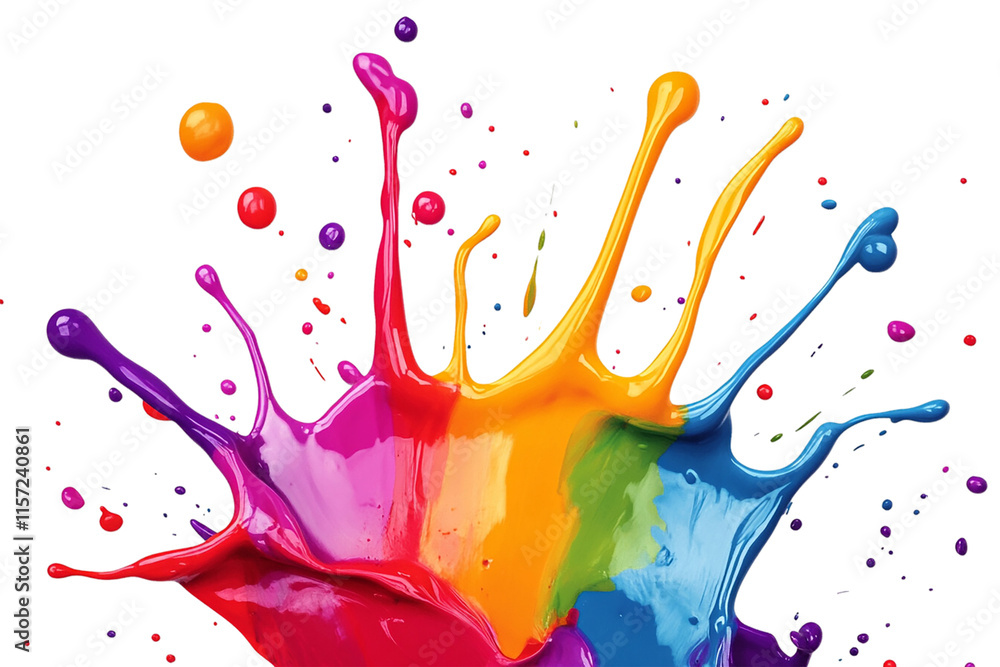 Poster vibrant and dynamic paint splatter dropping isolated on a png transparent background. bold primary a