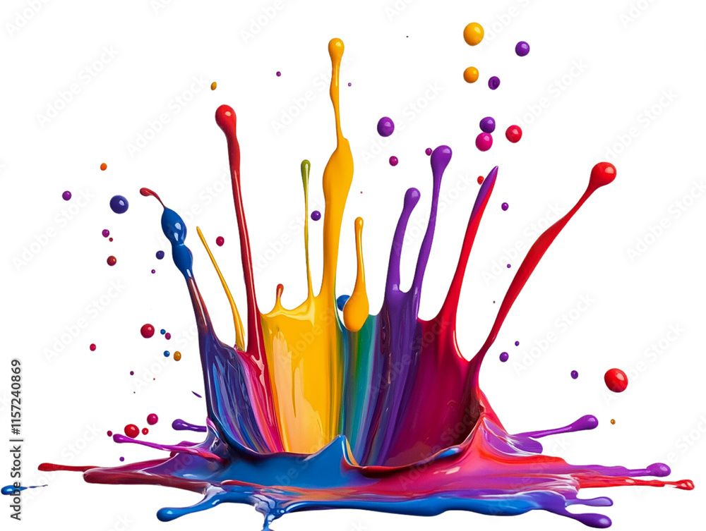 Poster vibrant and dynamic paint splatter dropping isolated on a png transparent background. bold primary a