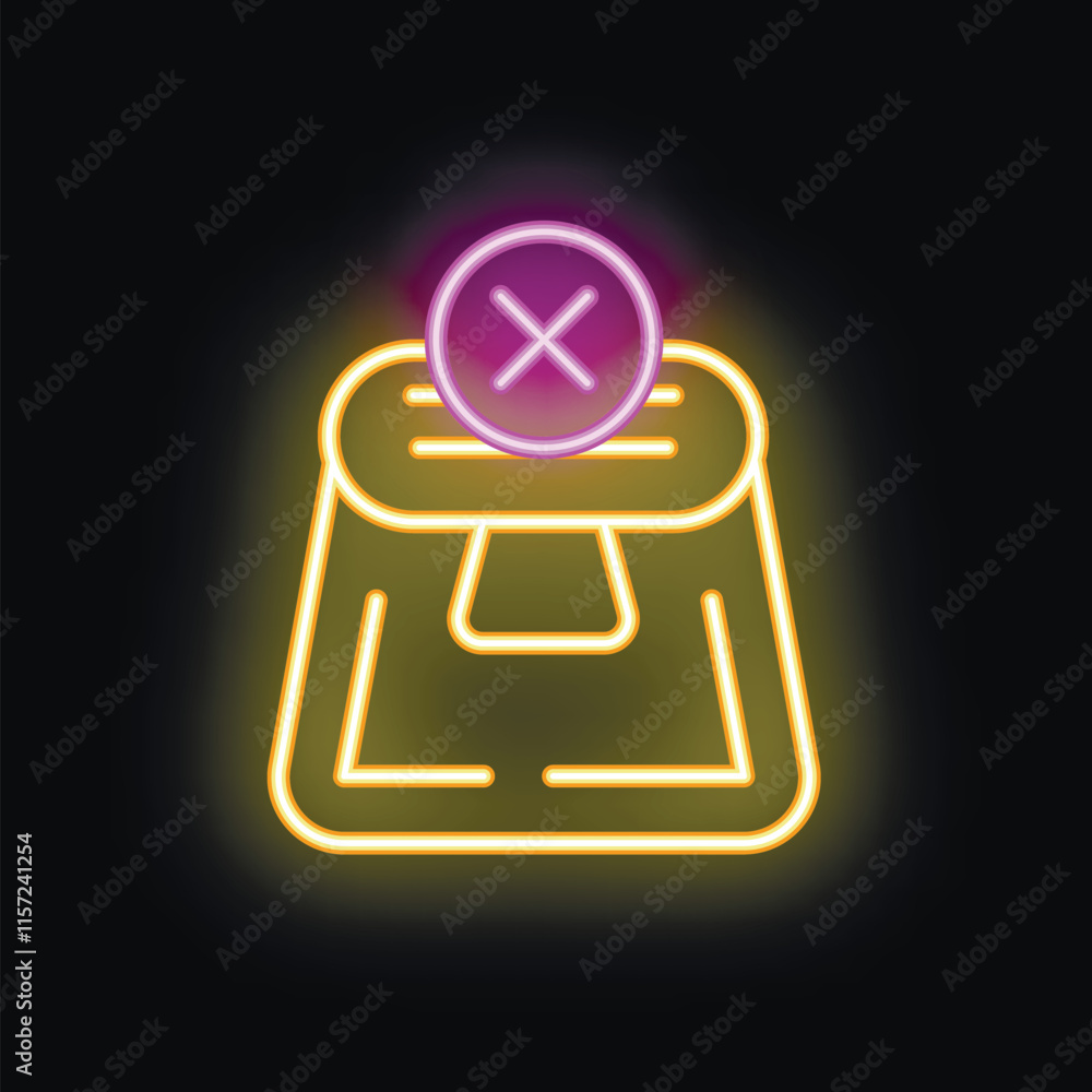 Poster neon sign illuminating a backpack with a cross mark over it on a dark background