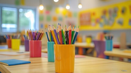 A shared office environment with matching pencil vases on each desk, filled with pens and pencils.