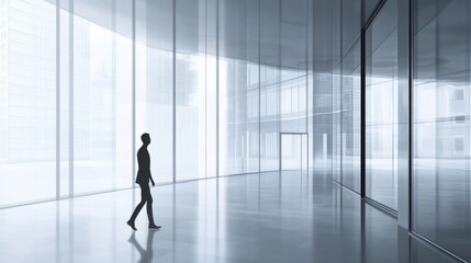 Fototapeta premium A lone figure in a modern, glass-filled space.