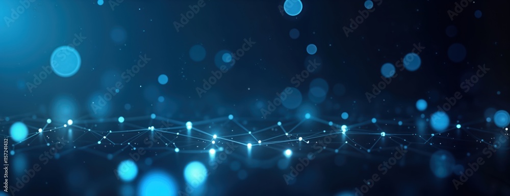 Poster Abstract futuristic tech background. Bokeh blue lights create dynamic design. Modern data flow pattern. Network connections in dark blue. Ideal for tech business presentation. Modern concept design.