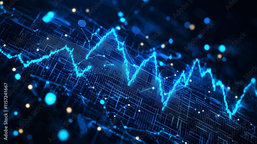 Poster Isolated on white background upward-trending graph line in blue depicting economic performance and growth analytics Stock Photo with side copy space