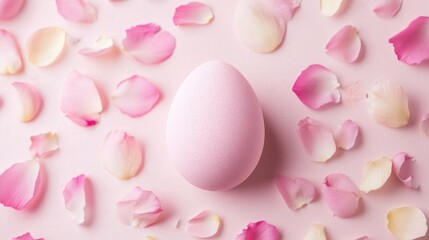 A single pink egg-shaped makeup sponge surrounded by flower petals on a soft pastel background.