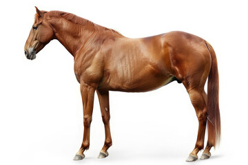 A brown horse standing gracefully against a white background, showcasing its muscular build.