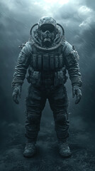 Fototapeta premium rugged soldier in post apocalyptic setting, wearing gas mask and tactical gear, stands ready for action