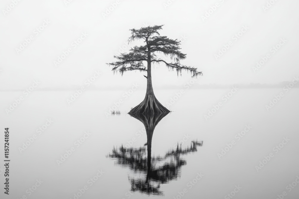 Poster a solitary tree rises from a tranquil body of water, its reflection creating a symmetrical and seren