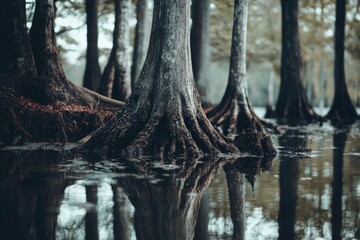 Several swamp trees emerge from the water, their roots visibly entangled and rugged, creating a raw connection to the earth against the backdrop of the calm water.