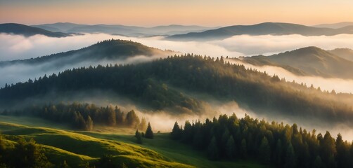 Forested hills in rising fog. Mountain sunset hills generative ai