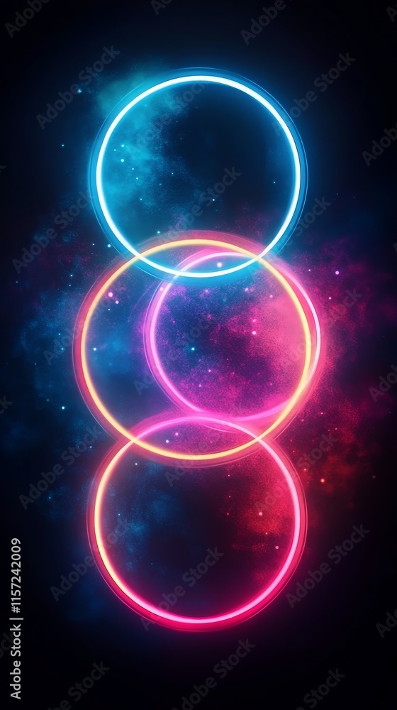 Poster circles of light in vibrant colors creating a cosmic atmosphere with neon effects and soft glowing d