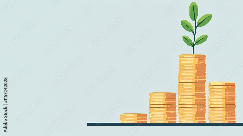 Poster isolated on white background stack of golden coins with a small plant growing on top representing fi